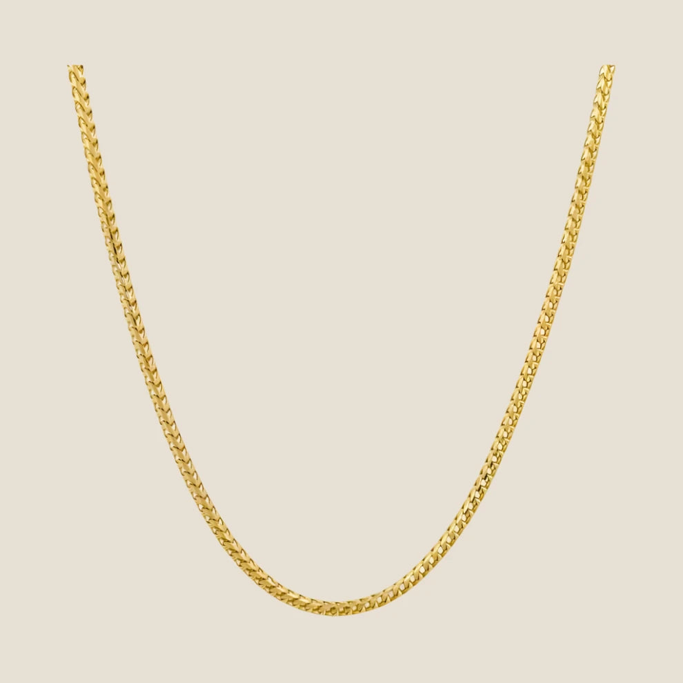 2.5MM Franco Chain in 14k solid gold with intricate, tightly interlocking links and a lobster clasp.