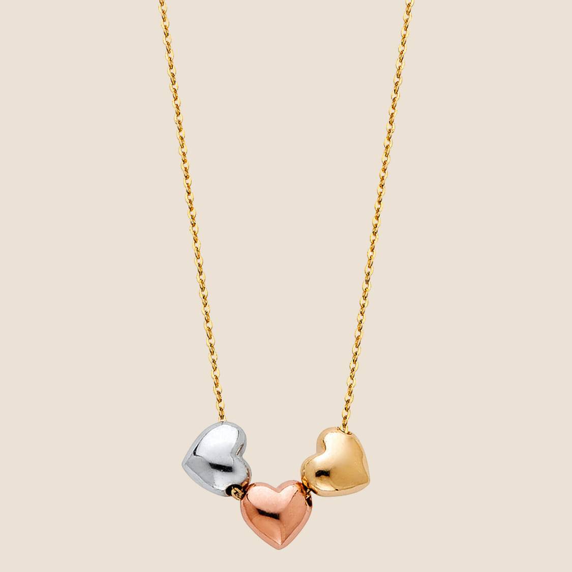 14k gold necklace with three heart-shaped pendants in yellow, rose, and white gold on a gold chain, elegant design, made in USA