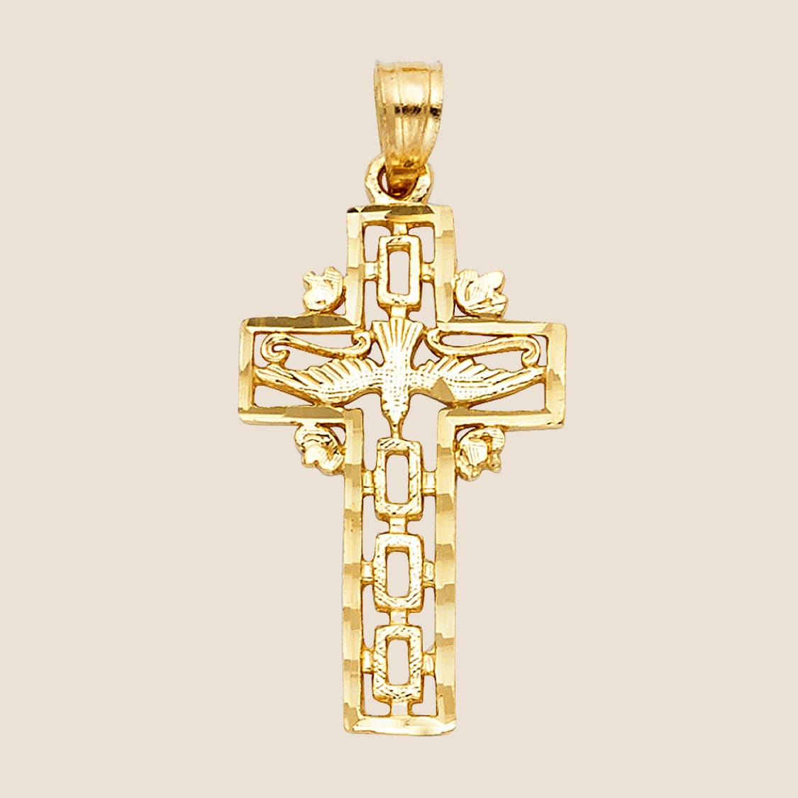 Gold cross pendant with detailed dove at center, geometric pattern, beveled edges, and leaf-like accents. 14k gold, made in USA.