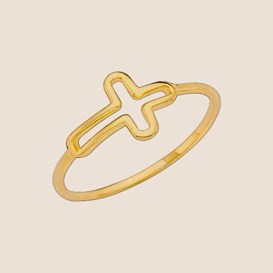 Elegant 14k gold open cross ring with slender band showcasing a distinctive and refined design, made in the USA.