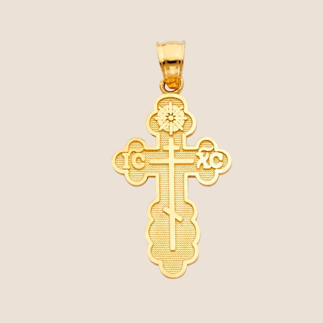 Gold Orthodox Cross Pendant with intricate engravings and symbols, 14k gold, 1.25 inches tall, made in the USA