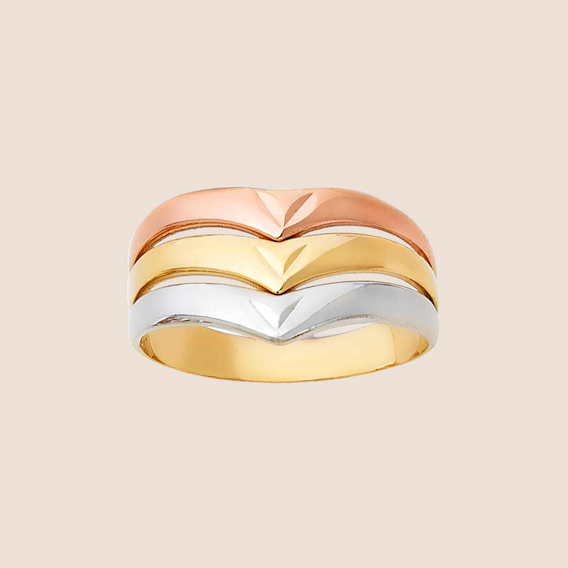 Tri Color Semanario Ring in 14k white, yellow, and rose gold, offering a chic and refined look, made in USA.