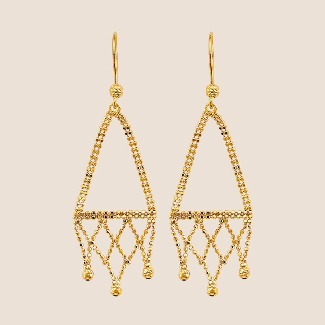 Triangular gold beaded earrings with fringe design and intricate beadwork, 14k gold made in USA, ideal for elegant occasions.