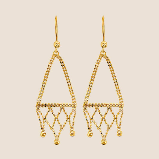 Triangular gold beaded earrings with fringe design and intricate beadwork, 14k gold made in USA, ideal for elegant occasions.