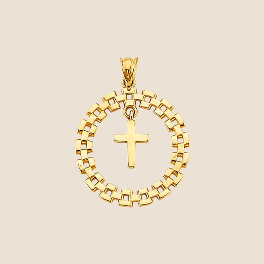 Exquisite 14k gold round link pendant with suspended cross, detailed circular frame and intricate links, 28 mm height, 20 mm width, made in USA.