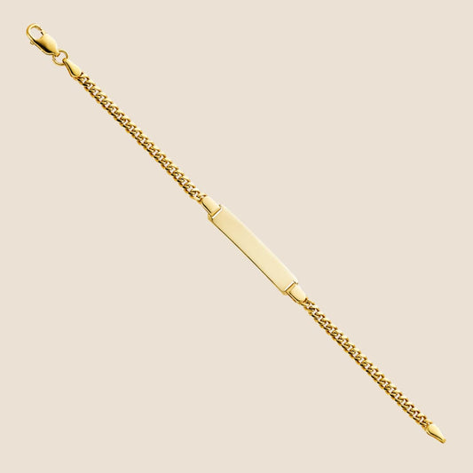 Gold Cuban Link Baby Bracelet with engraveable bar and lobster clasp, delicate curb links, 14k gold, made in USA.