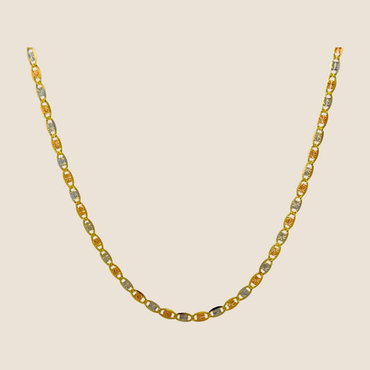 2.7MM Tri-Color Valentino Necklace with gold, silver, and rose tones, featuring sleek 14k gold links and lobster clasp, made in Italy