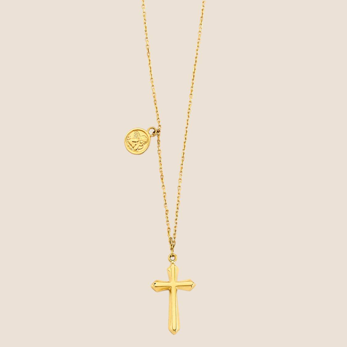 Light gold necklace with cross and baby angel pendant on delicate chain, 14k gold, adjustable size, made in USA, perfect for everyday wear.