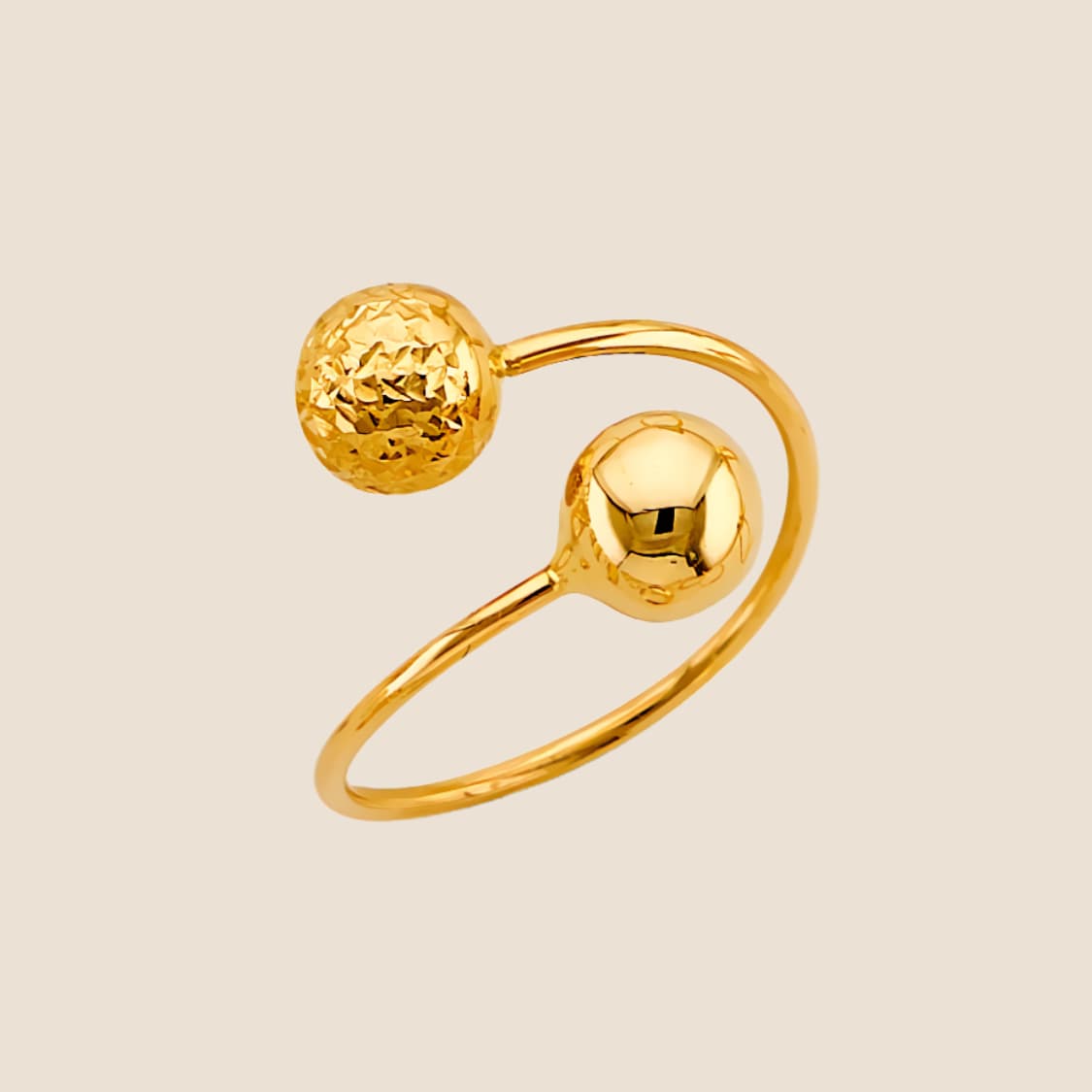 14k gold open ball ring with one hammered textured sphere and one smooth polished sphere, handmade in the USA.