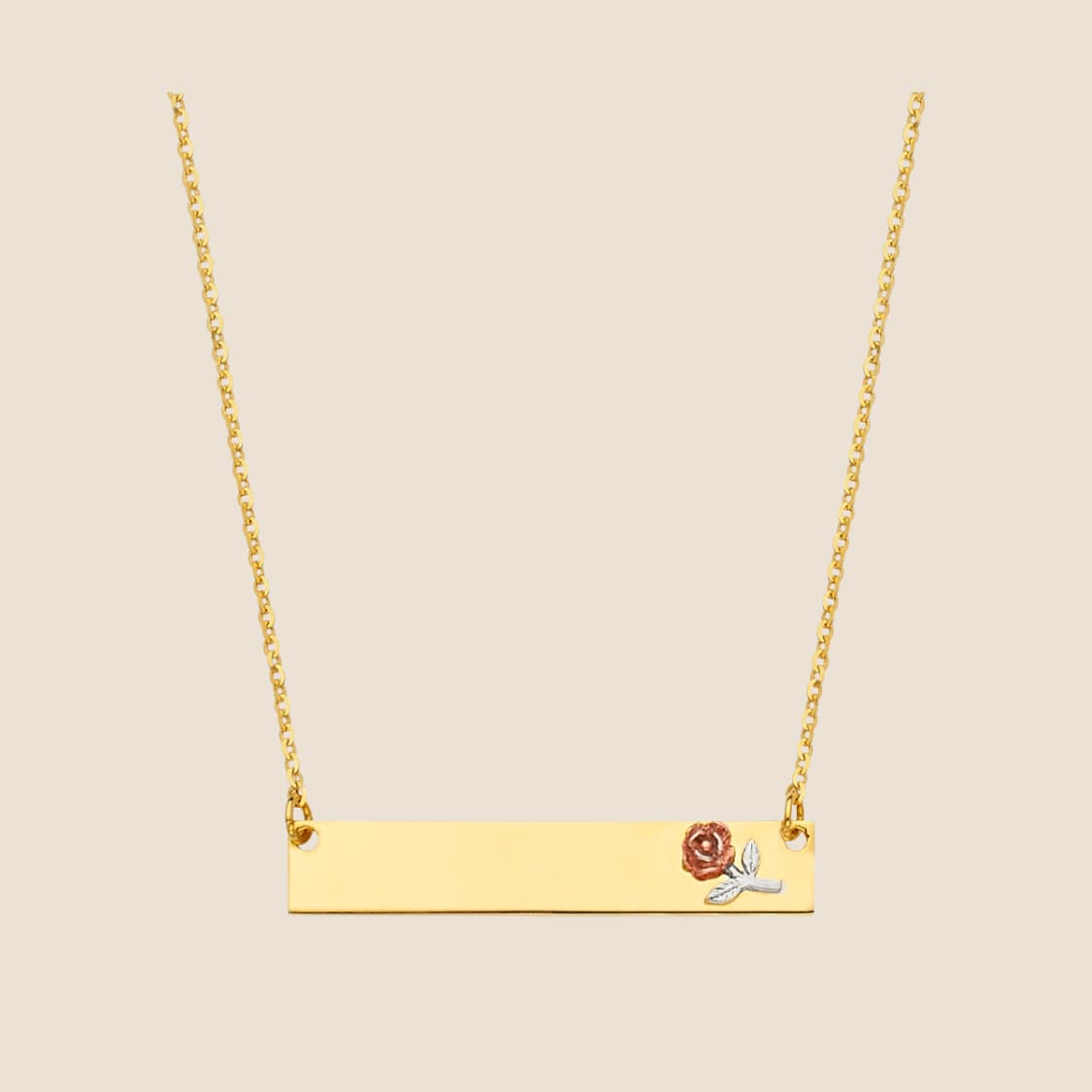 Elegant gold bar necklace with engraveable pendant and rose accent on a slender chain. 14k Gold, Made in USA. Perfect for personalized gifts.