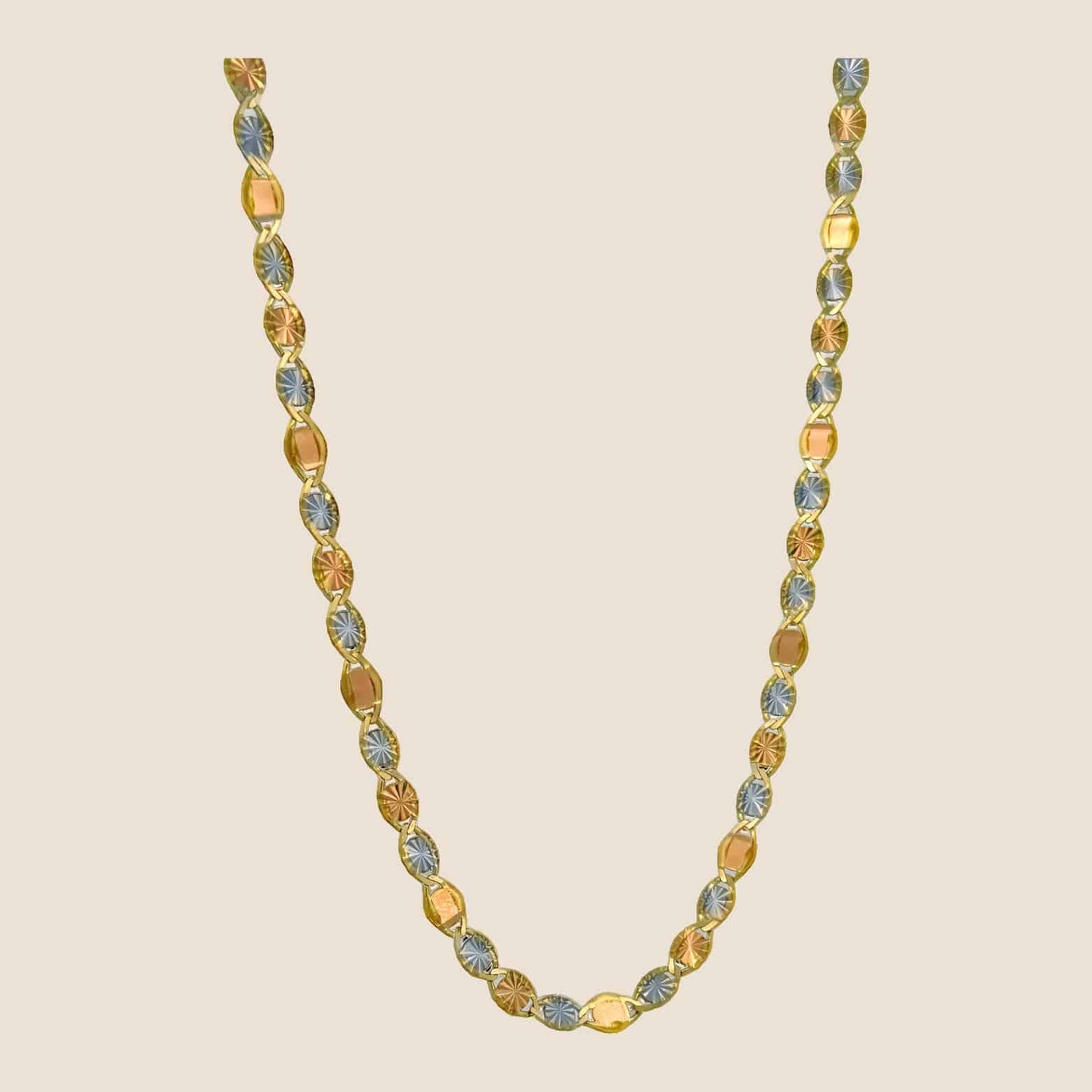 3.5MM Tri-Color Star Valentino Necklace with alternating white, rose, and yellow gold links featuring delicate star-shaped diamond cut details.