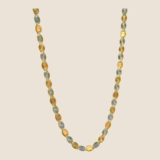 3.5MM Tri-Color Star Valentino Necklace with alternating white, rose, and yellow gold links featuring delicate star-shaped diamond cut details.