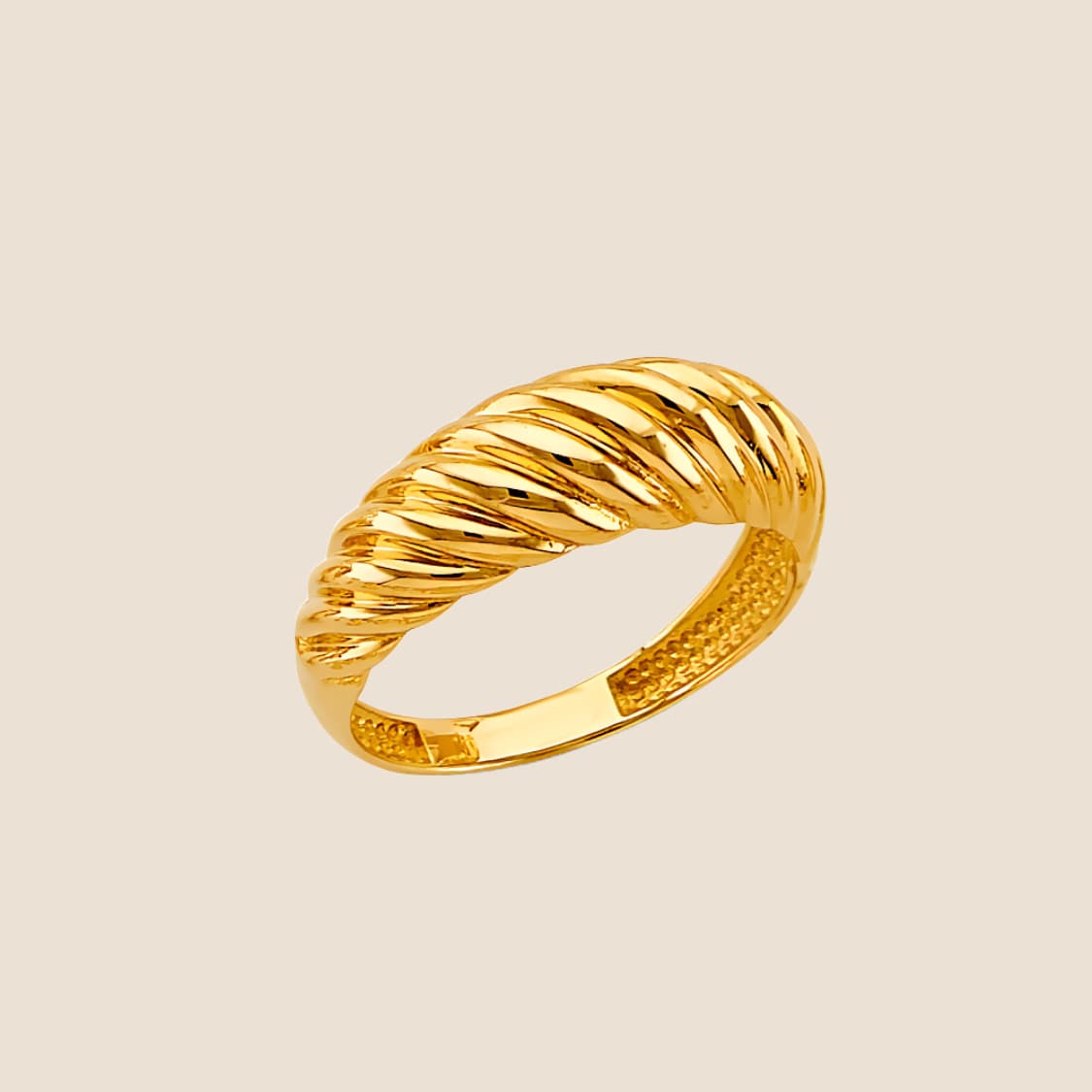 Polished yellow gold croissant dome ring with a luxurious, textured design, crafted in 14k gold, made in the USA.