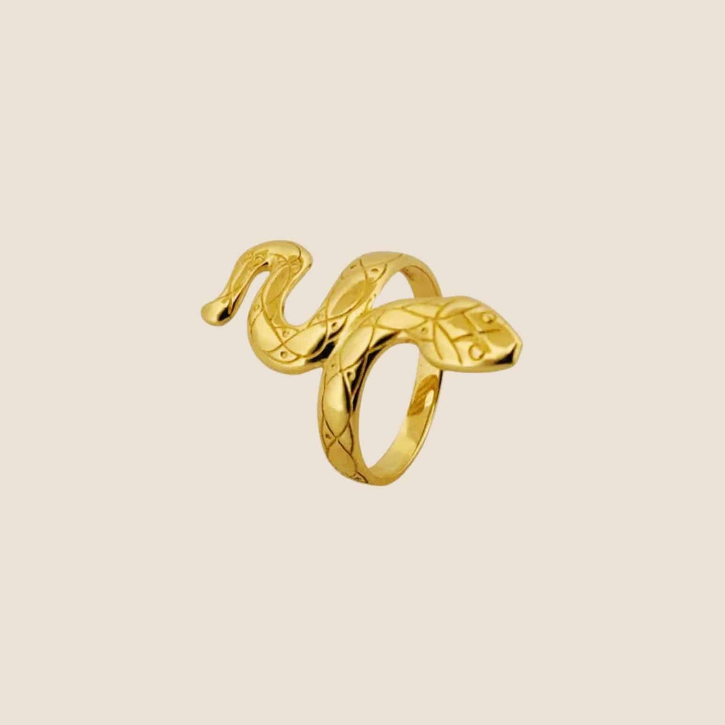 14k gold slithering snake ring with intricate patterns, elegantly wrapped around the finger.