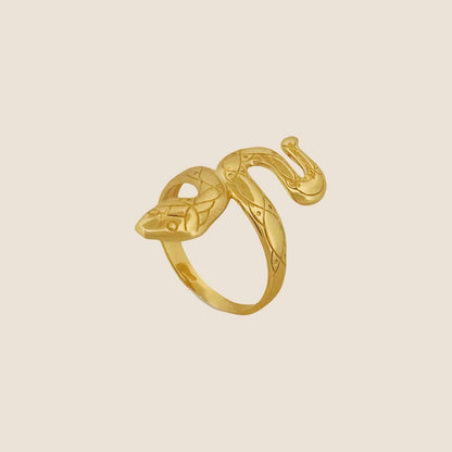 14k gold slithering snake ring with intricate patterns wrapping around the finger.