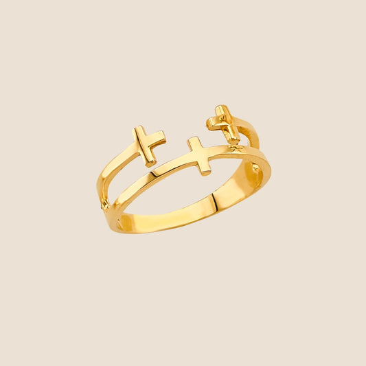 Triple Cross Yellow Gold Ring with Symmetrical Crosses, 14k Gold, Made in USA, Polished Modern Design, Subtle Third Cross in Band