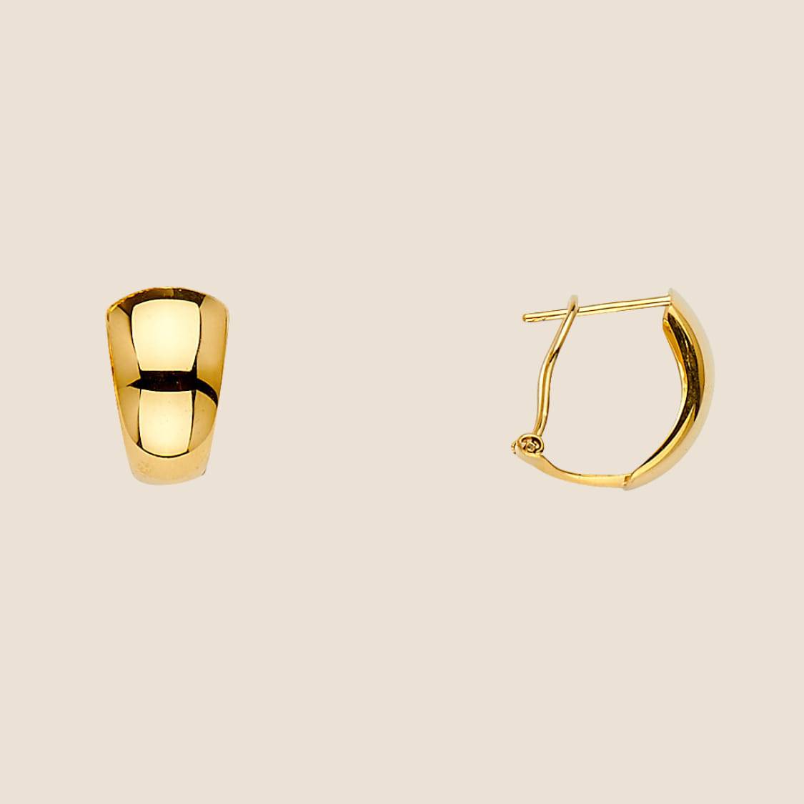 14k gold Half Huggies Earrings with sleek design combining a stud and hoop; polished finish, partially wraps around ear