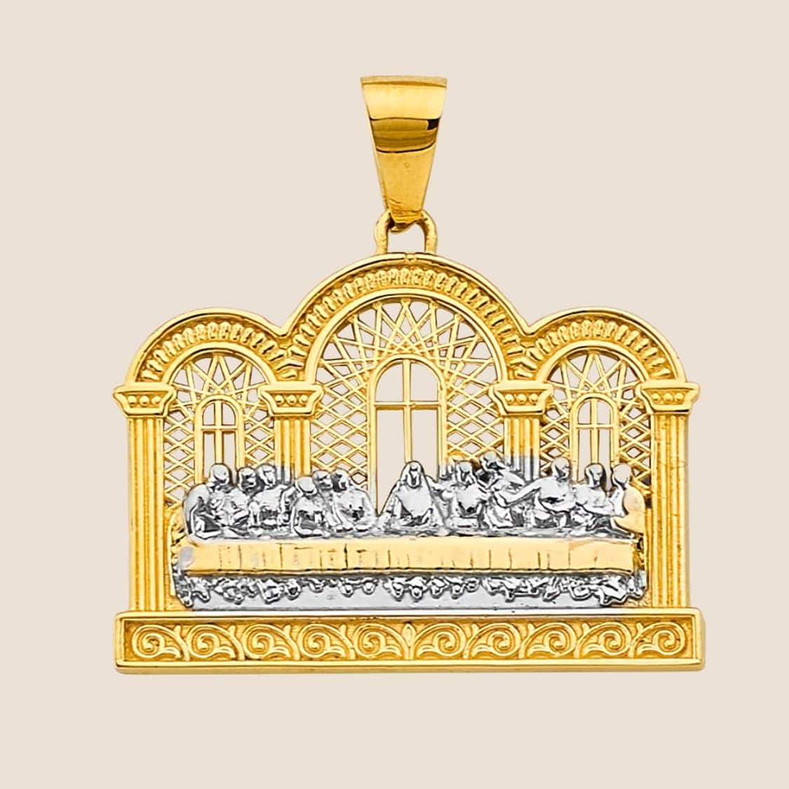 14k gold Last Supper pendant featuring intricate figures in an ornate architectural setting with arched windows and decorative columns