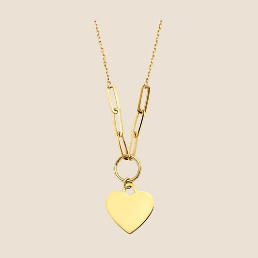 Gold engravable heart necklace with interlocking rectangular links and central ring, adjustable 17"+1" length, 14k gold, made in USA.