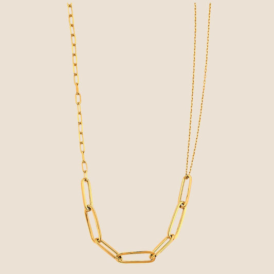 Trio of Links Necklace in 14k gold featuring large elongated, medium-sized oval, and delicate round links, adjustable 17" + 1" length, made in USA