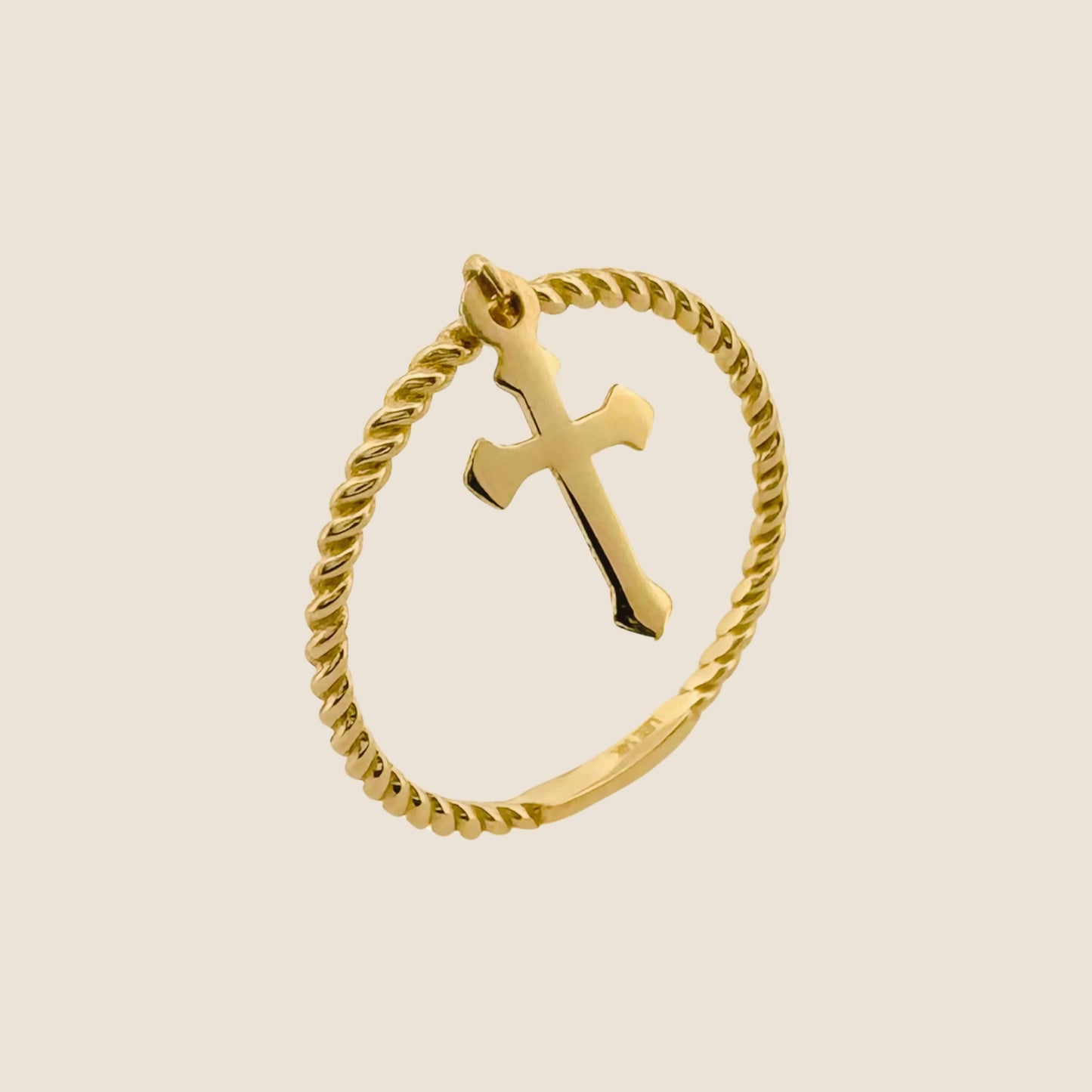 14k gold hanging cross ring with twisted yellow gold band, contemporary design, and timeless symbol