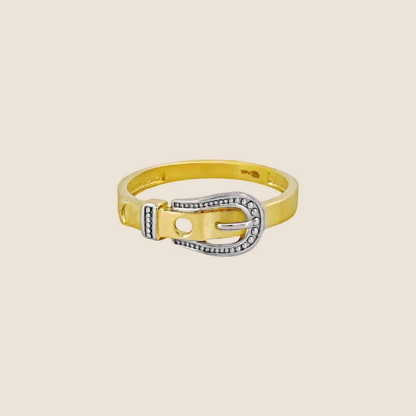 Belt Buckle Ring in 14k textured yellow gold with shimmering white gold accents.