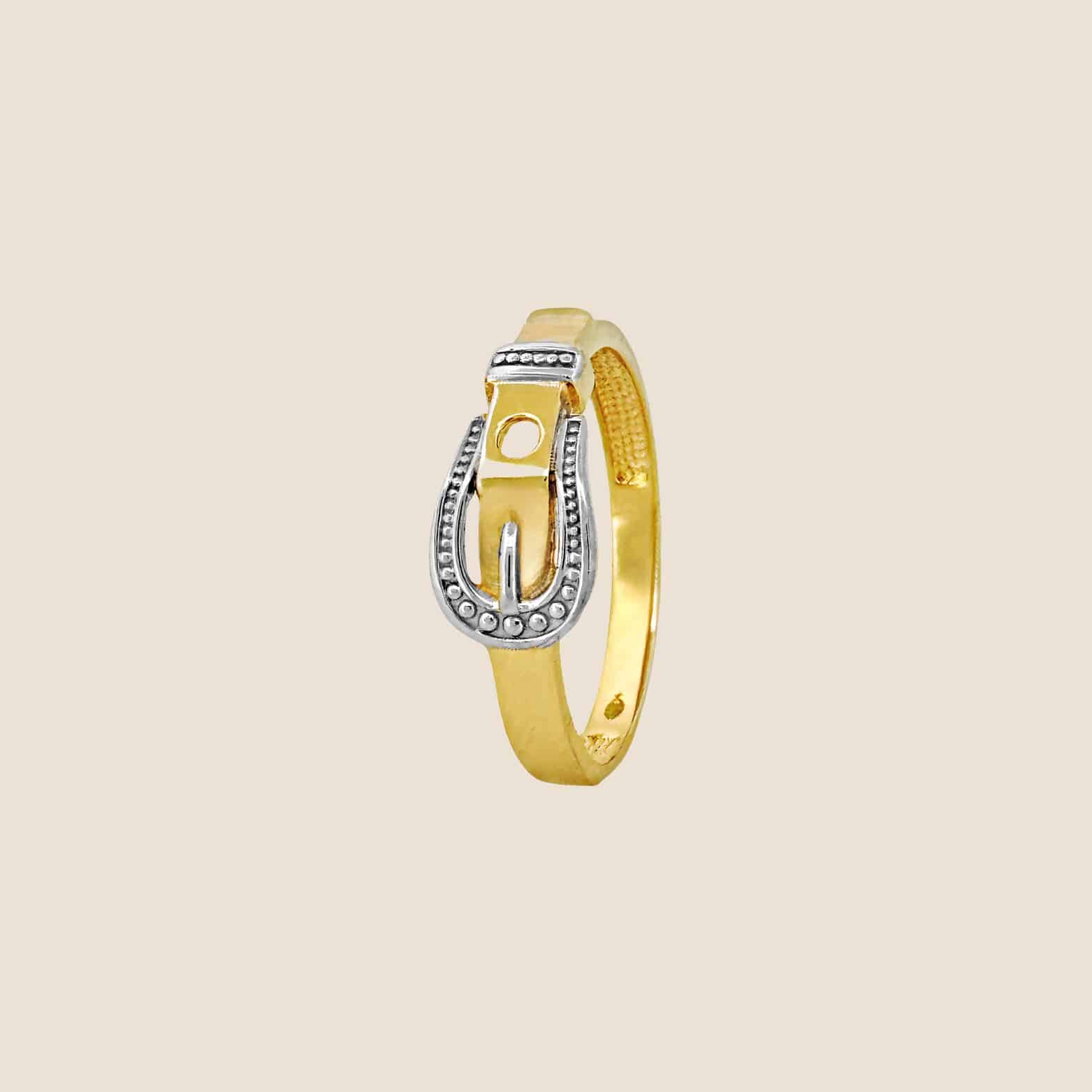 Contemporary buckle ring in 14k yellow and white gold featuring a sophisticated belt buckle motif and textured design.