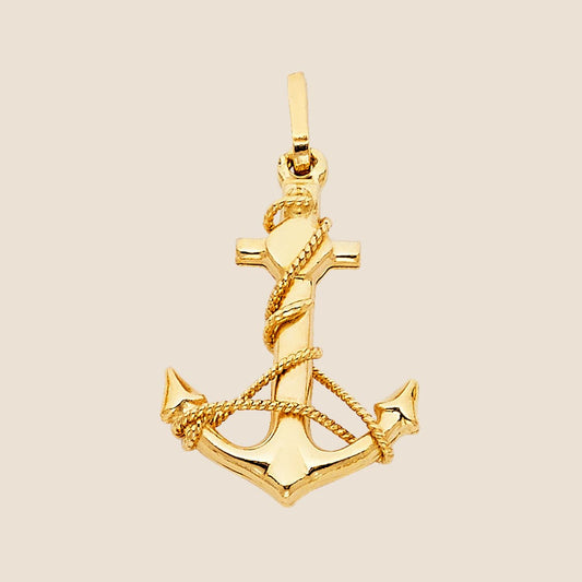 Gold anchor pendant with detailed rope design, 14k gold, 1.1 inches tall, made in the USA.