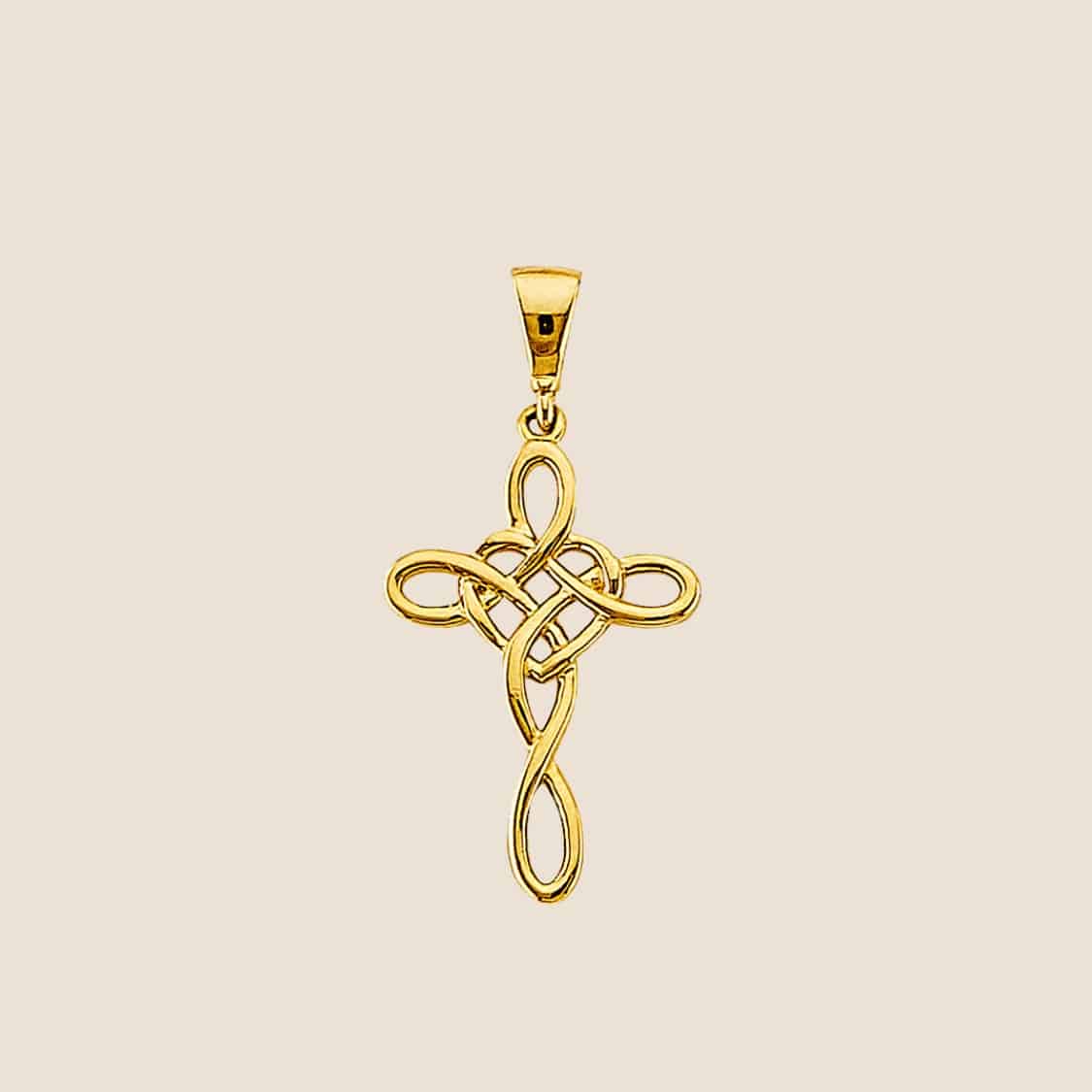 Gold Celtic Love Cross Pendant with intricate knot design and elegant loops, 14k Gold, 10.5mm tall, made in USA.