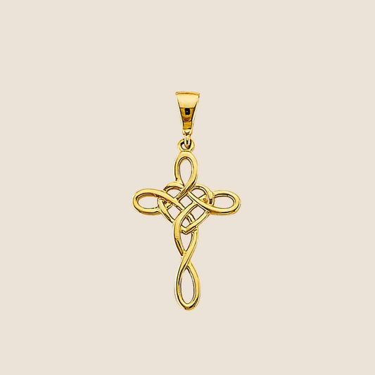 Gold Celtic Love Cross Pendant with intricate knot design and elegant loops, 14k Gold, 10.5mm tall, made in USA.