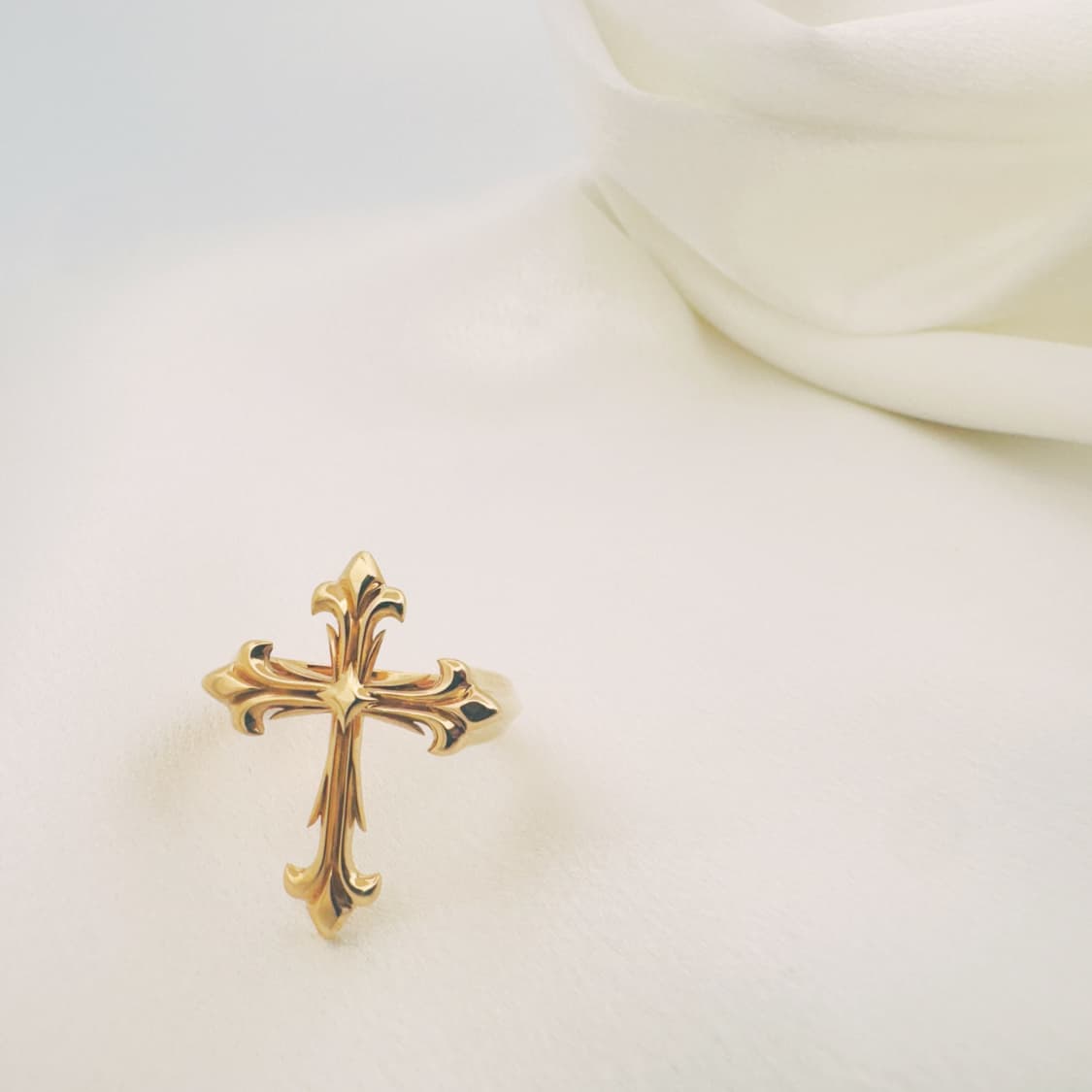 14k gold Fleury Cross Ring with detailed cross design, smooth band, made in USA, displayed on a white background