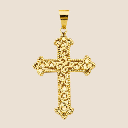 Gold Victorian cross pendant with intricate scrollwork and beaded accents, 14k gold, 17.5 inches tall, made in the USA.