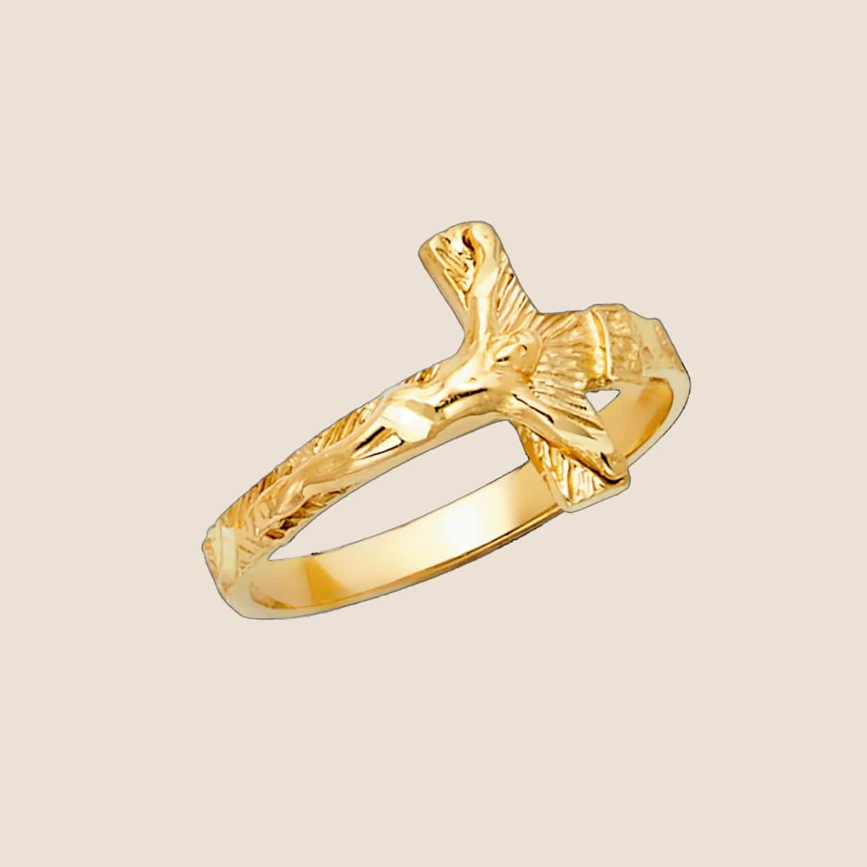 Yellow gold crucifix ring with detailed engraving, featuring a traditional design in 14k gold, made in the USA.