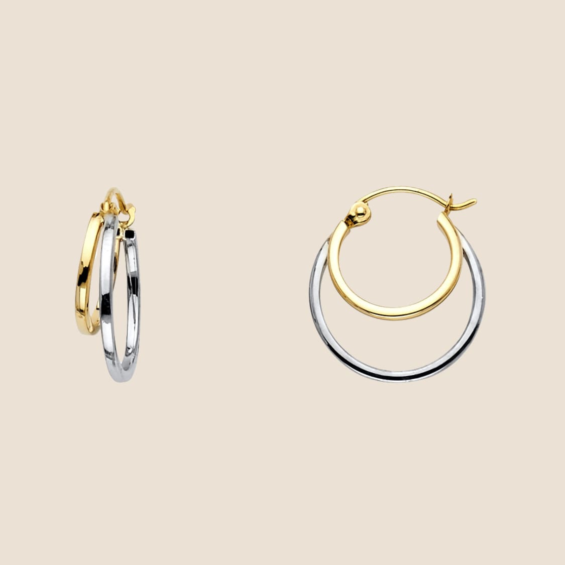 Double hoop earrings in 14k yellow and two-tone gold, featuring a stylish layered design for a sophisticated and dimensional look.