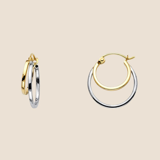 Double hoop earrings in 14k yellow and two-tone gold, featuring a stylish layered design for a sophisticated and dimensional look.