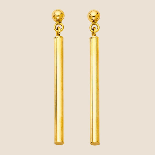 14k Yellow Gold Round Bar Hanging Earrings, 42mm Tall, Made in USA