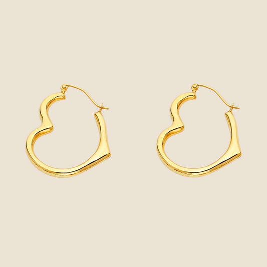 14k yellow gold heart-shaped earrings with open-heart design and smooth finish, 18.5mm tall, made in USA.