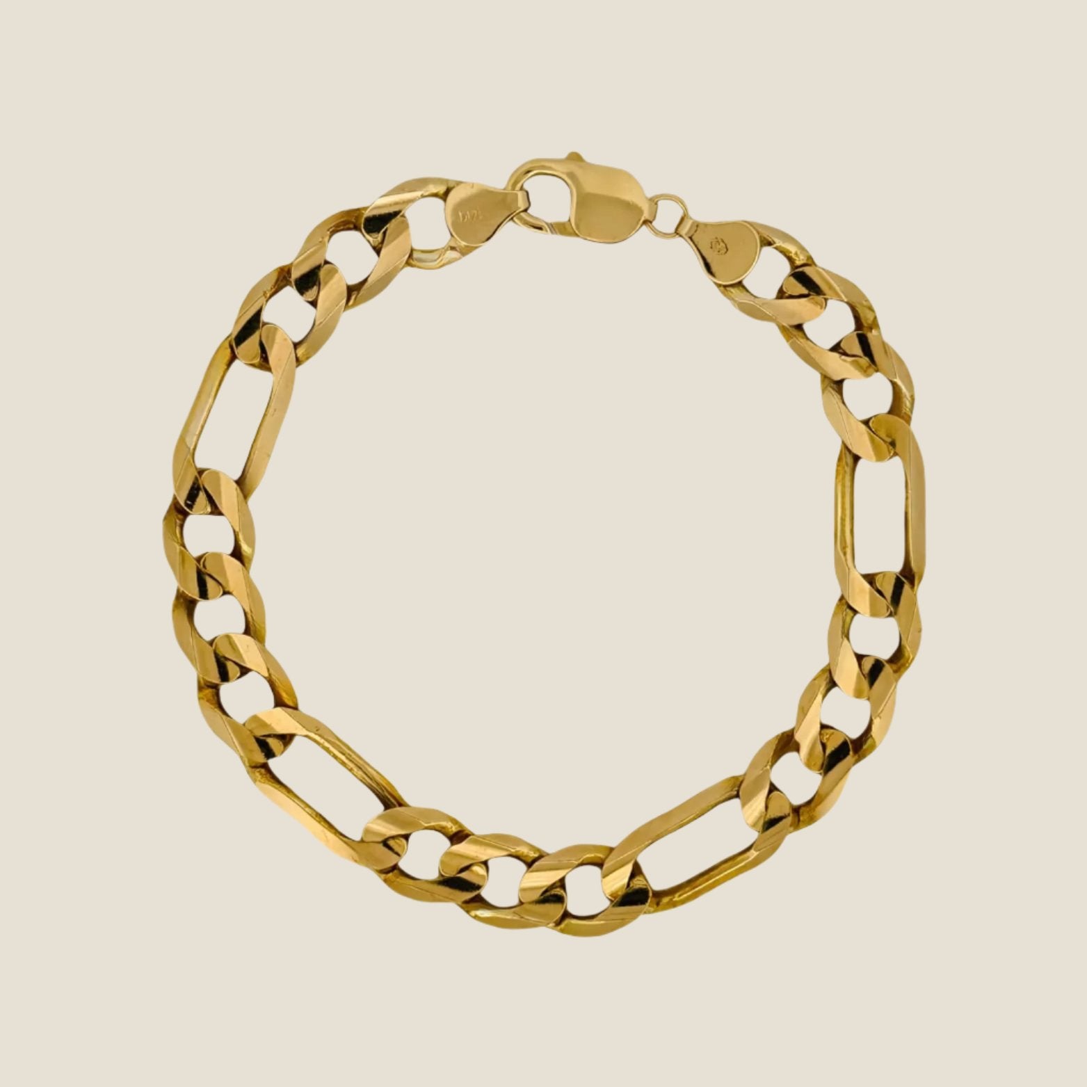 10MM Figaro Bracelet in 14k solid gold with Lobster clasp, displaying patterned links for a stylish and durable look, made in USA.