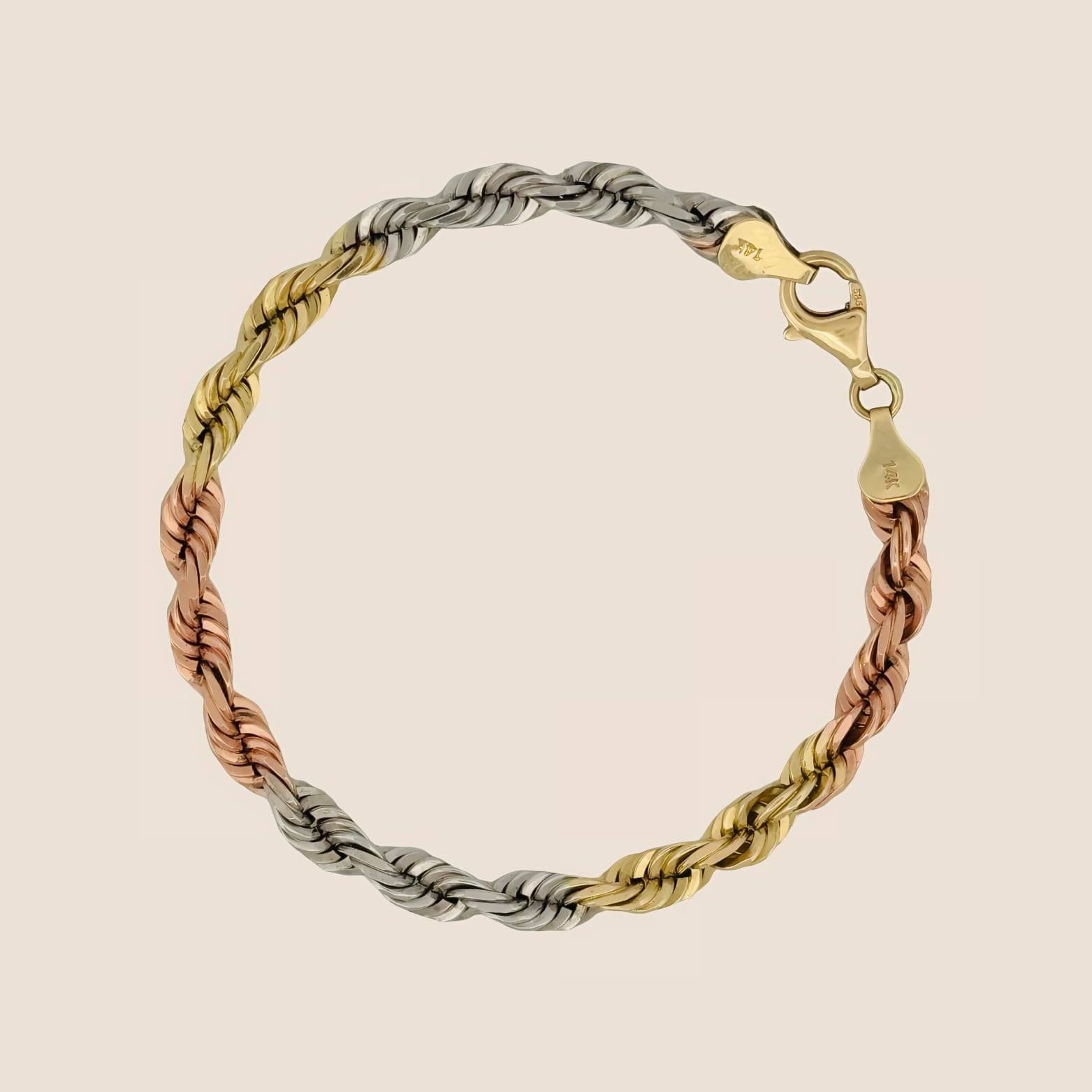 6MM Tri Color Rope Bracelet in 14k solid gold with yellow, white, and rose tones featuring a lobster clasp, diamond cut, made in Peru