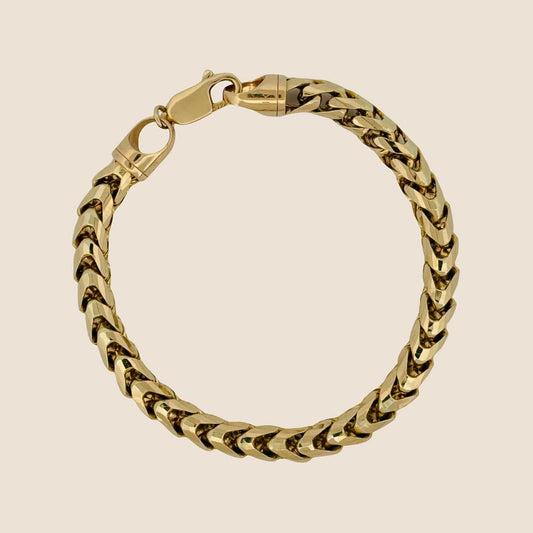 6.5MM Franco Bracelet with V-shaped links and lobster clasp, diamond cut, made in Italy, 14k solid gold, perfect for daily wear