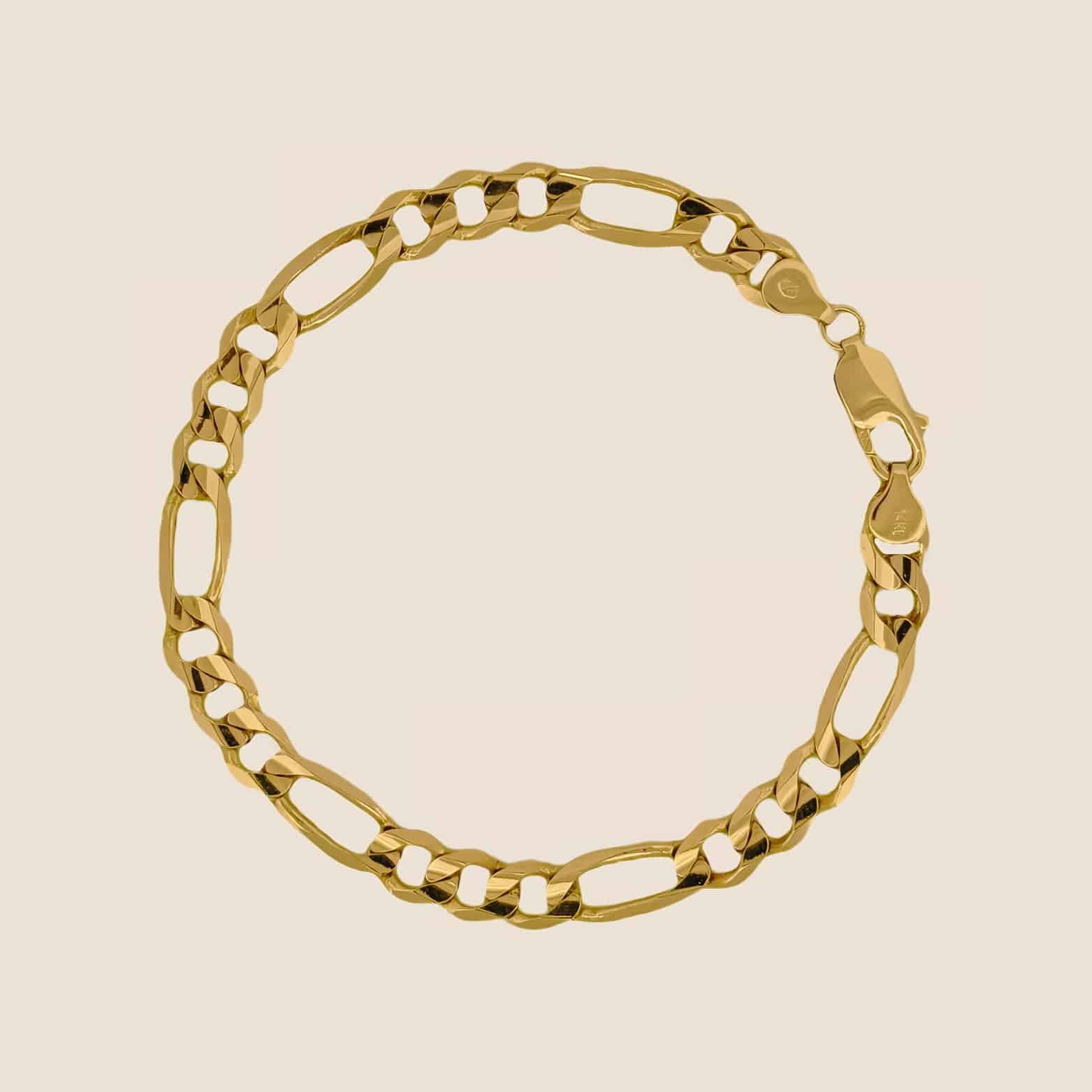 7.5MM gold Figaro bracelet with 3-in-1 link pattern and lobster clasp, made in USA, 14k solid gold.