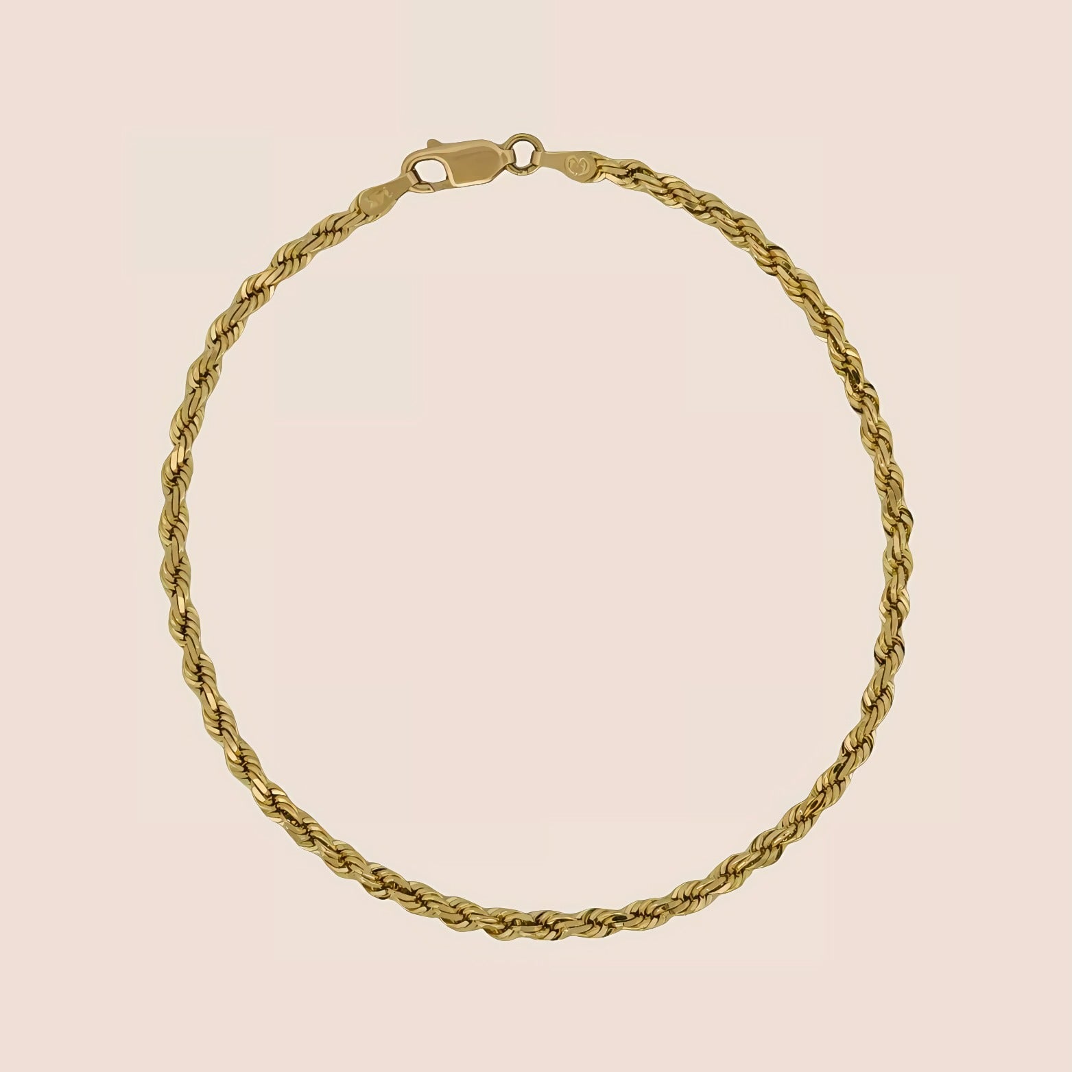 3MM 14k solid gold diamond cut rope bracelet with lobster clasp made in Peru.