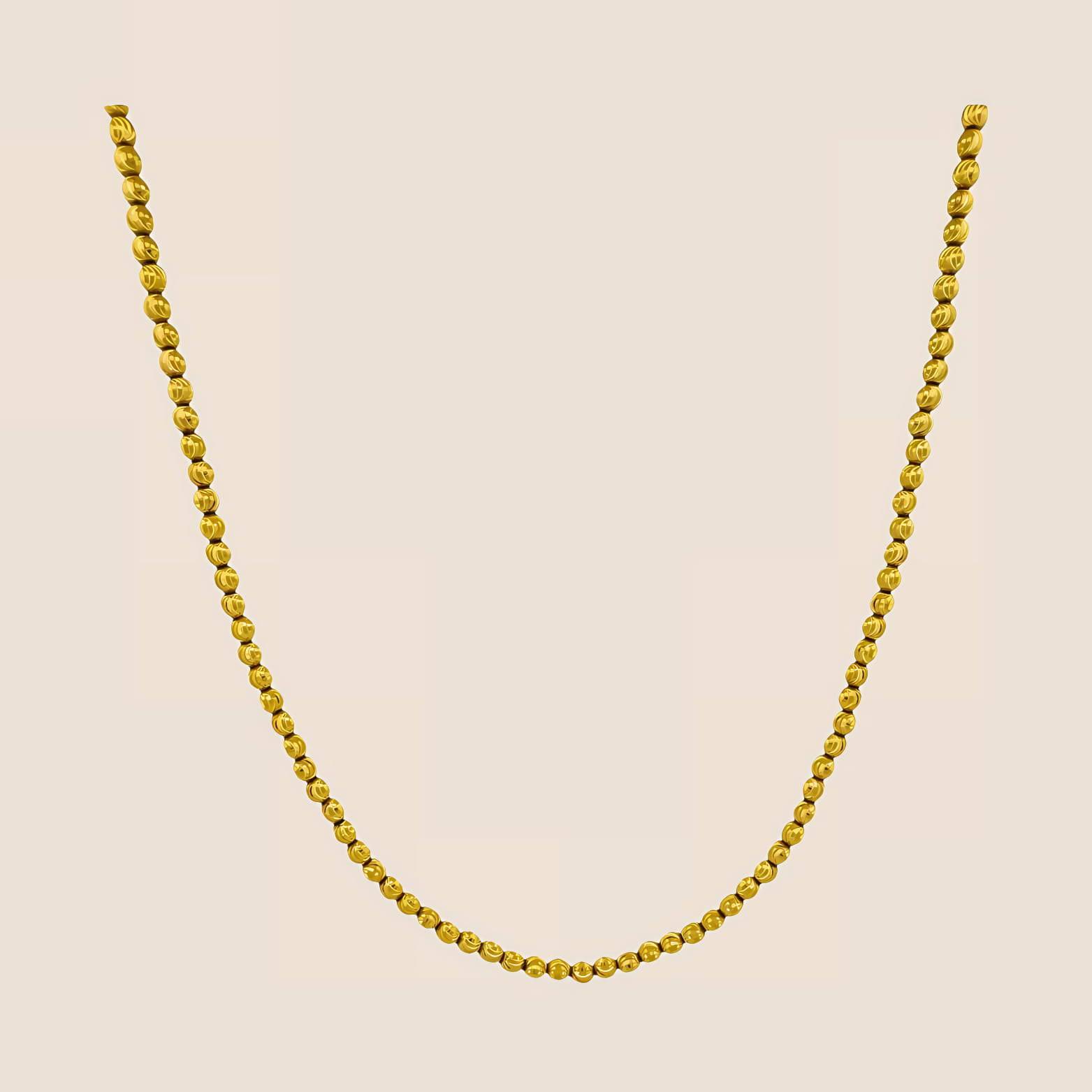 3MM Moon Cut Chain 14k gold, featuring bead design with moon-like indentations and lobster clasp, made in Italy.