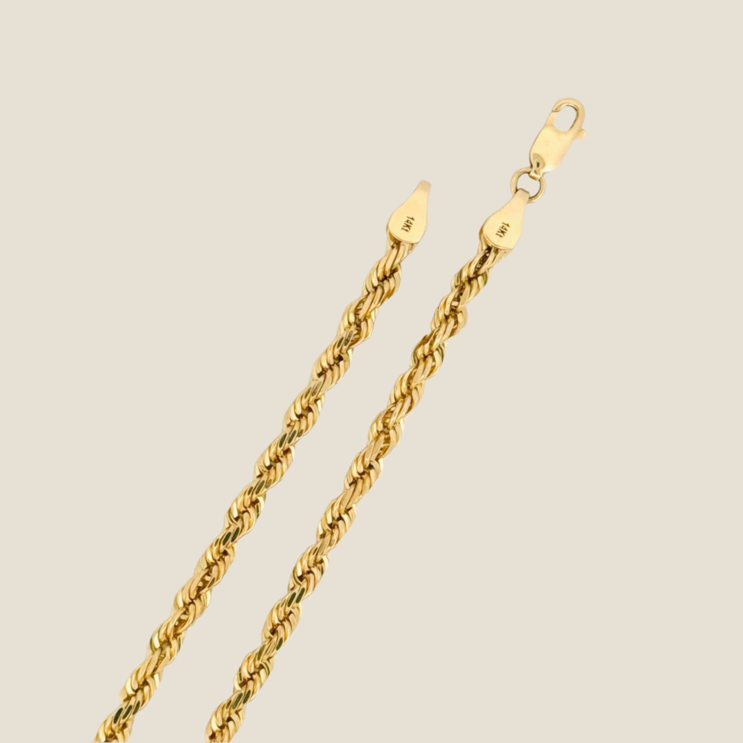 3.5MM Rope Chain in 14k solid gold with versatile twist design and lobster clasp, diamond cut, made in Peru, high-quality and elegant.