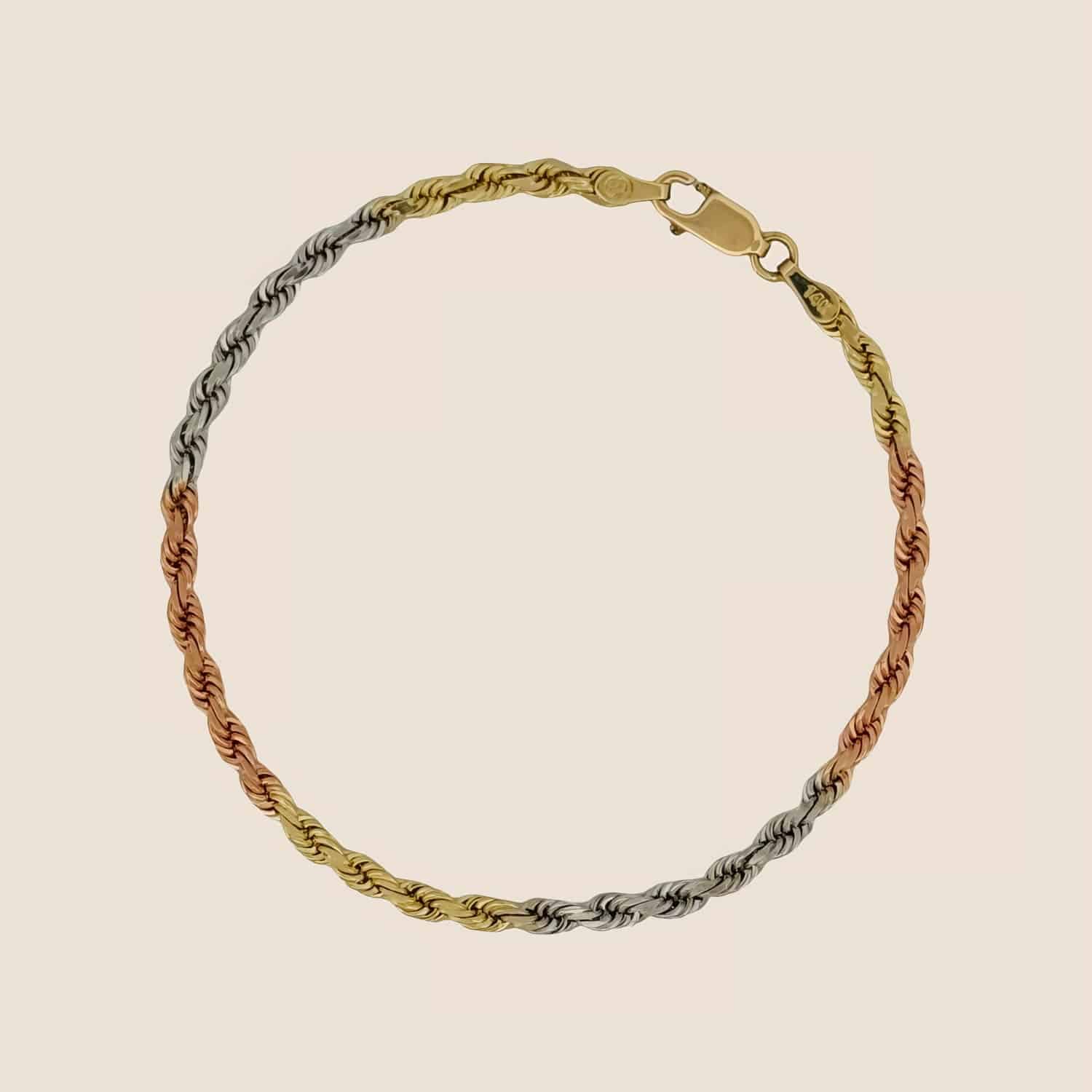 3MM Tri Color Rope Bracelet with 14k solid gold lobster clasp and diamond-cut craftsmanship, made in Peru.