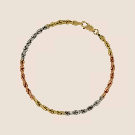 3MM Tri Color Rope Bracelet with 14k solid gold lobster clasp and diamond-cut craftsmanship, made in Peru.