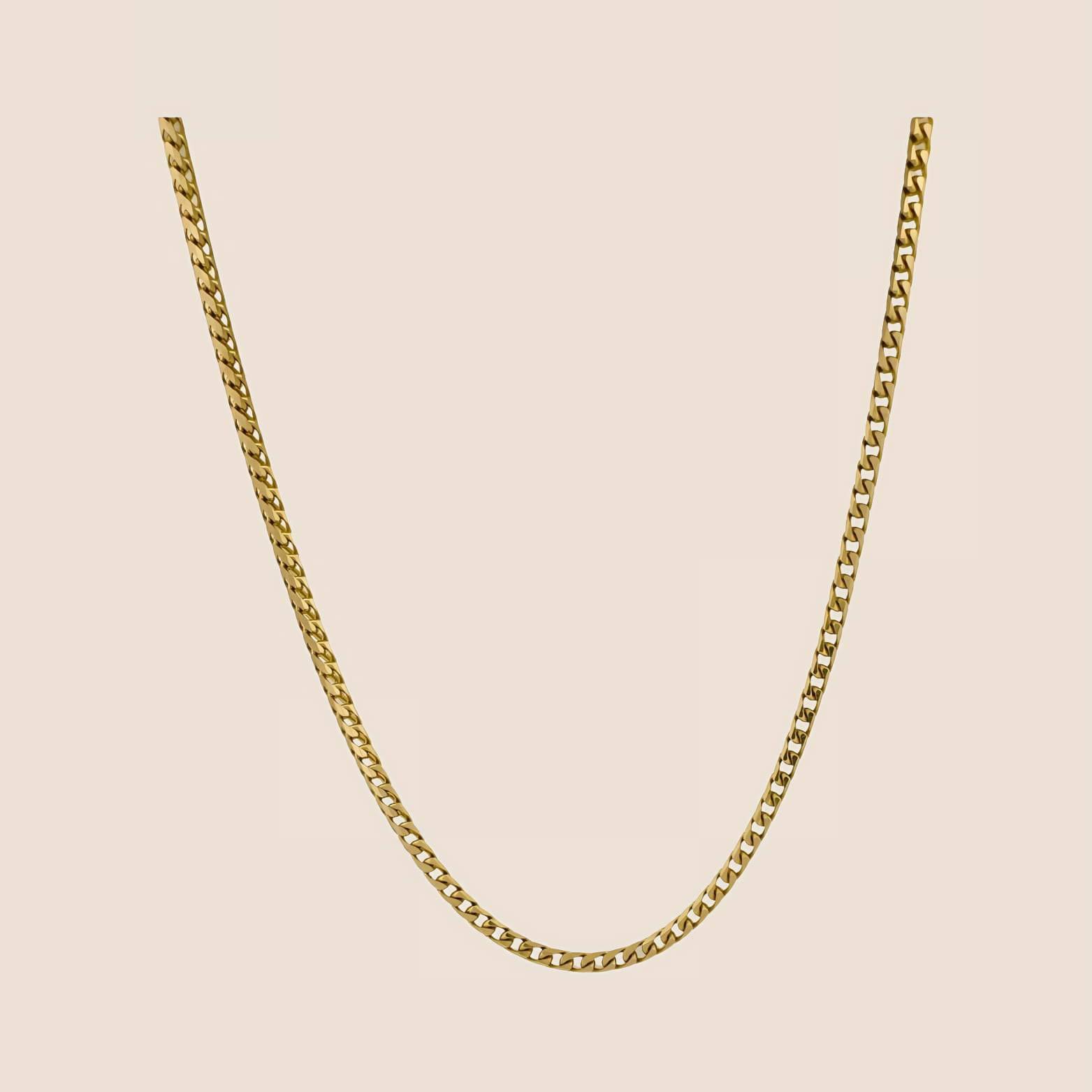 3MM Franco Chain in 14k solid gold with V-shaped links, ideal for daily wear, featuring a lobster clasp and diamond cut. Made in Italy.