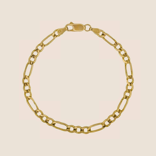 14k solid gold 4MM Figaro bracelet with lobster clasp, made in USA, displayed on a neutral background.