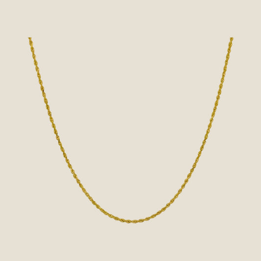 1MM Rope Chain 14k solid gold rope chain with diamond cut design and lobster clasp, made in Peru, displayed on a neutral background.