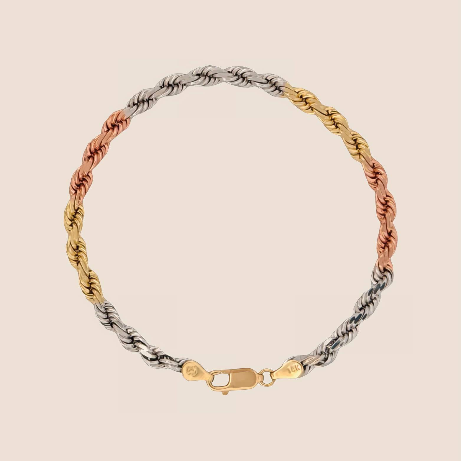 4MM Tri Color Rope Bracelet with rose, yellow, and white gold, featuring a 14k solid gold lobster clasp, made in Peru.